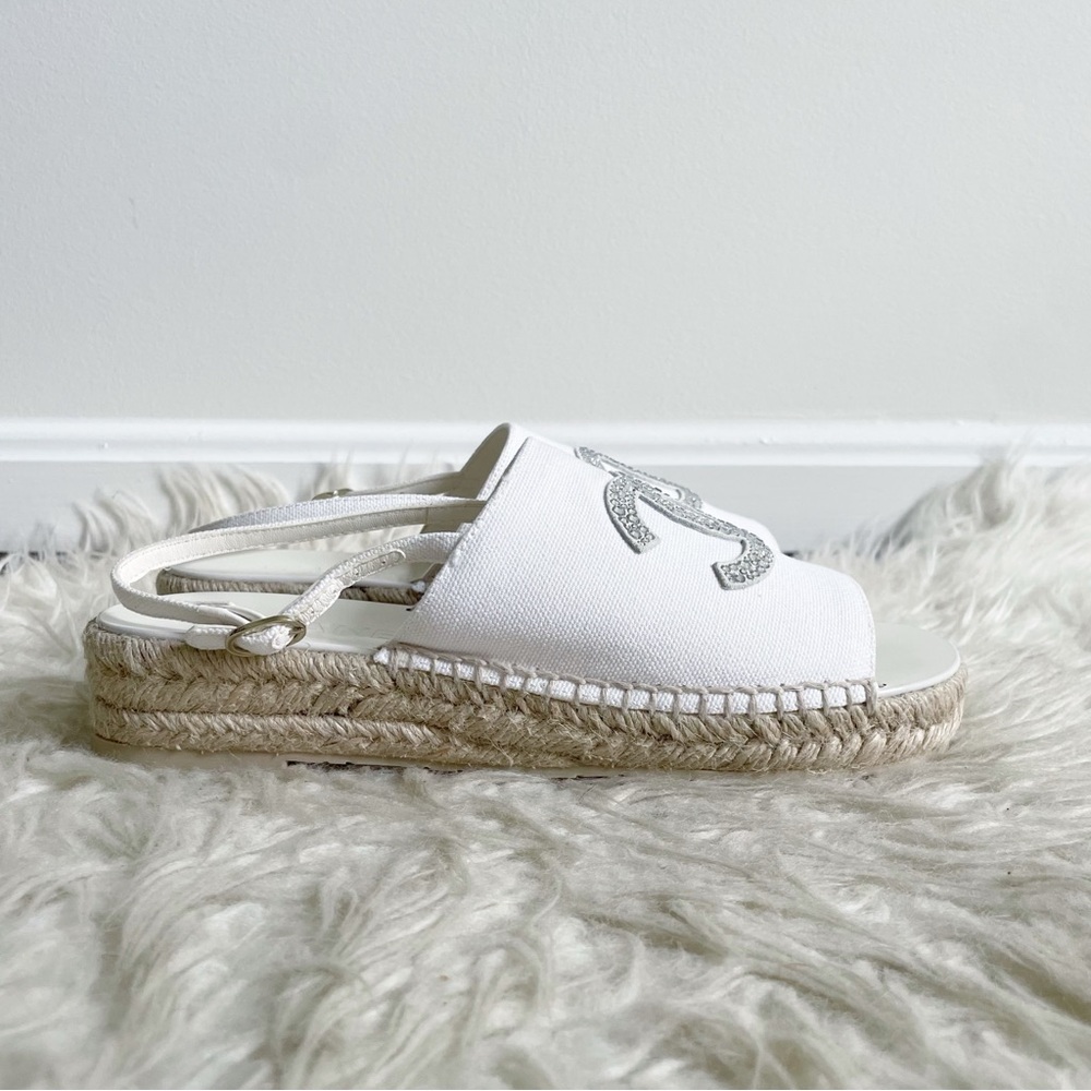 Chanel 24S Interlocking CC Logo Espadrille Slingback White Canvas Rhinestone 38 - Picture 9 of 13